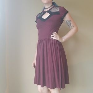 Burgundy skater dress with mesh panel